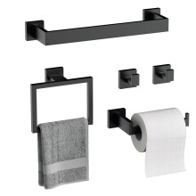 5 Piece Matte Black Bathroom Hardware Set with 16 Inch Towel Bar, Durable Stainless Steel Wall Mounted Accessories for Modern SpaceSaving Bathroom