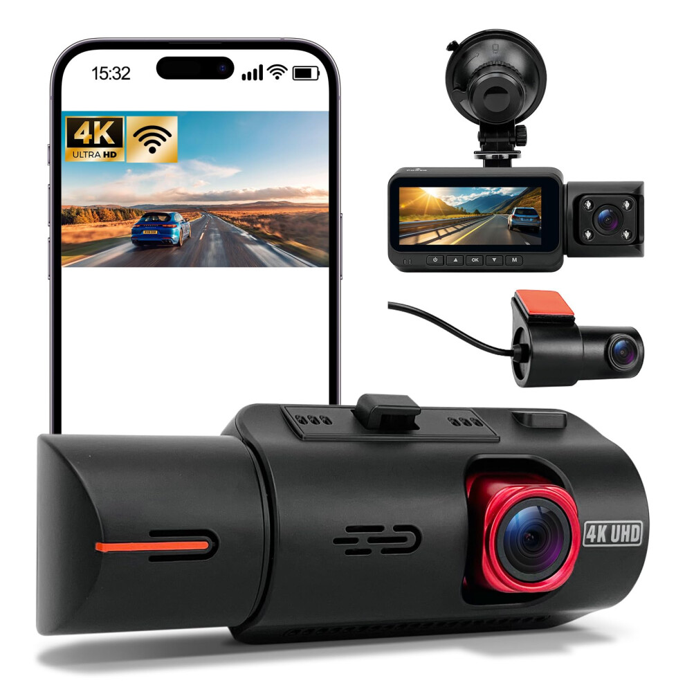 4K Triple Channel Dash Cam With Wifi And Gps, Super Night Vision, 24H Parking Monitor, 64Gb Card Included 9330225471943
