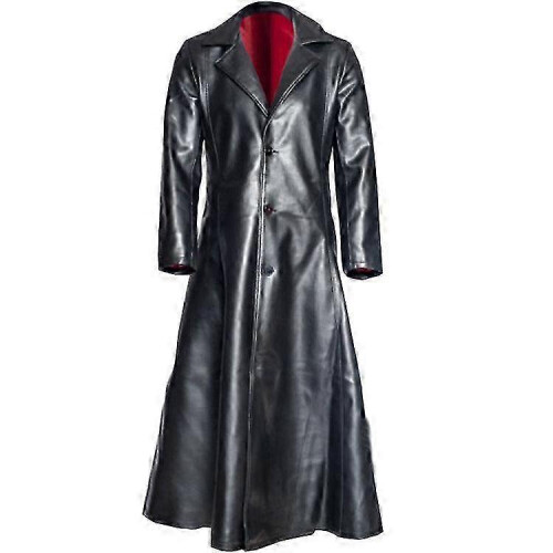 (XL, black) Men's Plus Size Solid Color Lapel Slim Fit PU Leather Jacket Long Coat
