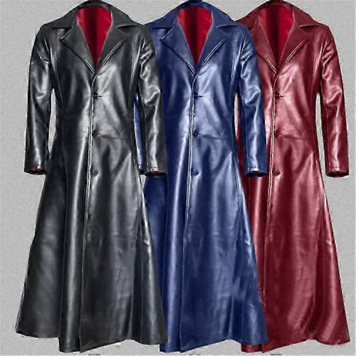 (XL, black) Men's Plus Size Solid Color Lapel Slim Fit PU Leather Jacket Long Coat 2