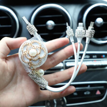 (black) Camellia Flower Retractable 3 in 1 Car Charger Rhinestone Diamond Crystal 3 in1 USB Charger Cable Fast Charger Auto Accessories