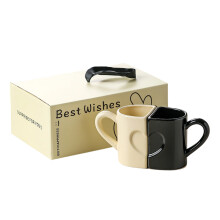 Pack of 2 Ergonomic Handle Ceramic Mugs with-black and white