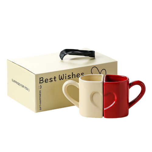 Pack of 2 Ergonomic Handle Ceramic Mugs with-red and white