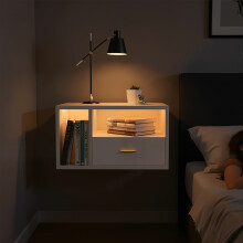 LED Bedside Table Wood Nightstand with Drawer & Open Shelf Wall Mounted Bedside Desk with Charging Station