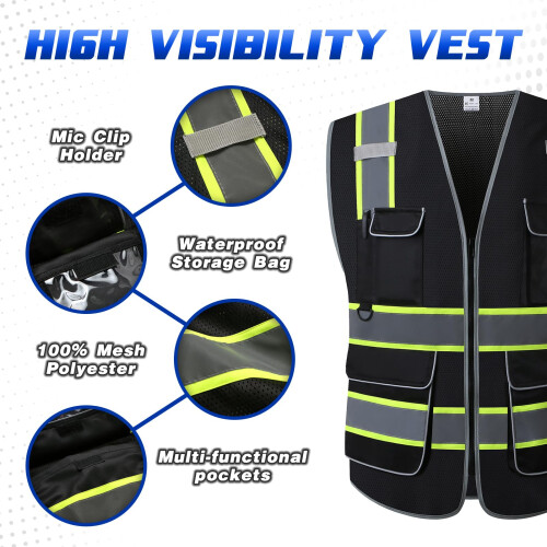 Visibility Safety Vest ANSI Class 2 Reflective Mesh Workwear with Multi Pockets, 4X5X Black 2