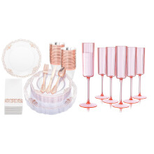 Disposable Plastic Plates and Champagne Flutes Set, 175PCS Rose Gold Dinnerware for Weddings and Parties