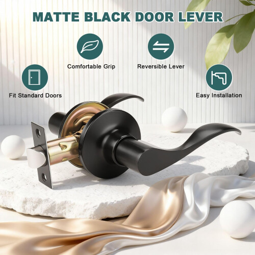 Matte Black Door Handle Lever Set, Keyless Passage Function, Modern Interior Door Hardware 2 Pack 1