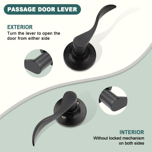 Matte Black Door Handle Lever Set, Keyless Passage Function, Modern Interior Door Hardware 2 Pack 2