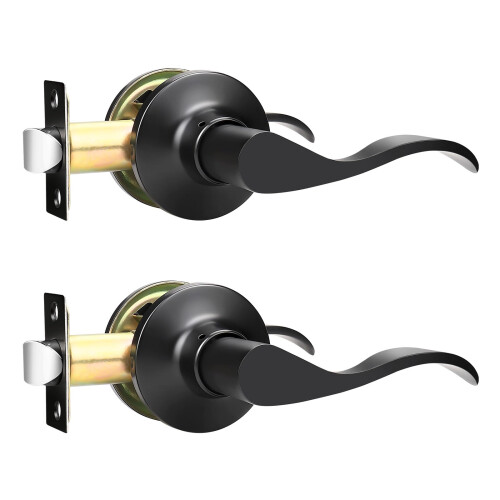 Matte Black Door Handle Lever Set, Keyless Passage Function, Modern Interior Door Hardware 2 Pack