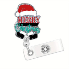 Christmas Badge Reel Glitter Acrylic Retractable ID Holder with Santa Hat Alligator Clip 25.5' Cord