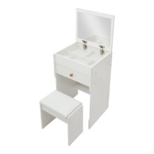 3 in 1 Vanity Desk with Flip Mirror and Drawer, Space Saving Makeup Vanity Table with Cushioned Stool, Warm White