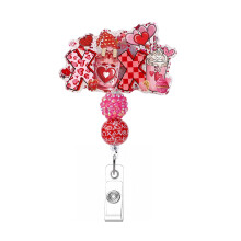 Valentine's Day Badge Reel for Nurse, Cute Pink Beaded Retractable ID Holder with 360 Rotating Clip