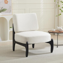 Mid Century Accent Chair Beige Linen Upholstery Solid Wood Base Armless Lounge Chair for Living Room