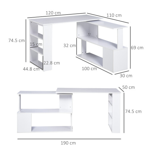 Homcom HOMCOM Corner Computer Desk with Rotating Design and Bookshelf, White 2