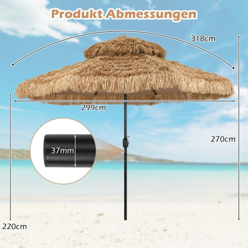 Hawaiian Tiki Umbrella, 299cm PE Straw, Adjustable Tilt