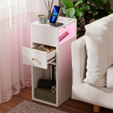 LED Bedside Table One Drawer Bedside Desk 4-Layer Wood Narrow Cabinet Side Table with Charging for Bedroom