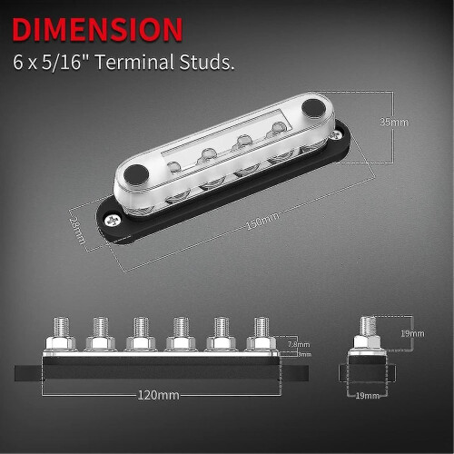 Bloco de terminais de barramento de bateria 12V automotivo e marítimo, bloco de distribuição coberto de 7 x 1/4 polegadas (M6) 12V 1