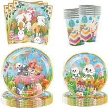 72pcs Easter Bunny Colorful Eggs Tableware Set Include 7 Inch and 9 Inch Paper Plates Cups Napkins,Serves 12