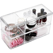 Organizador de cosméticos em acrílico transparente, porta-cotonetes de dupla camada (6 compartimentos)