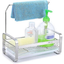 Organisateur d'évier de cuisine, égouttoir à savon en acier inoxydable avec bac d'égouttage en plastique (grand, argenté)
