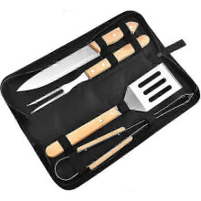 4 Pieces Stainless Steel BBQ with Wooden Handle and Carry Bag, Barbecue Tool Set