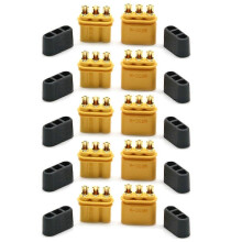 Confezione da 5 coppie di connettori maschio/femmina MR30 con guaina, compatibili con batterie Lipo per aeromodelli RC, multicotteri e aerei.