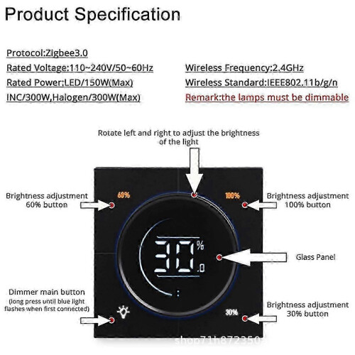 Infinite Knob Dimmer Regulator Zigbee 3.0 PC Panel Wall Light Switch 150-300W AC 110-240V Digital LCD Yandex(White) 1