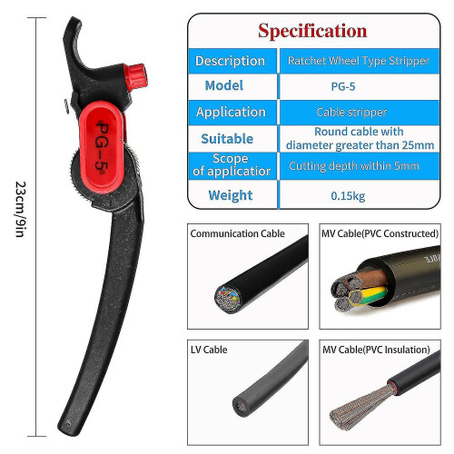 Ratchet Wheel Stripper, Pg-5 Knife Cable Stripper compatible with 25mm Comm/pvc/lv 1