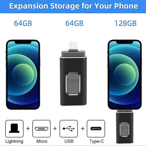 USB 3.0 Flash Drive, 4 in 1 Function, 64G Memory Photo Stick, Expansion Memory compatible with -USB/Android/IOS 2