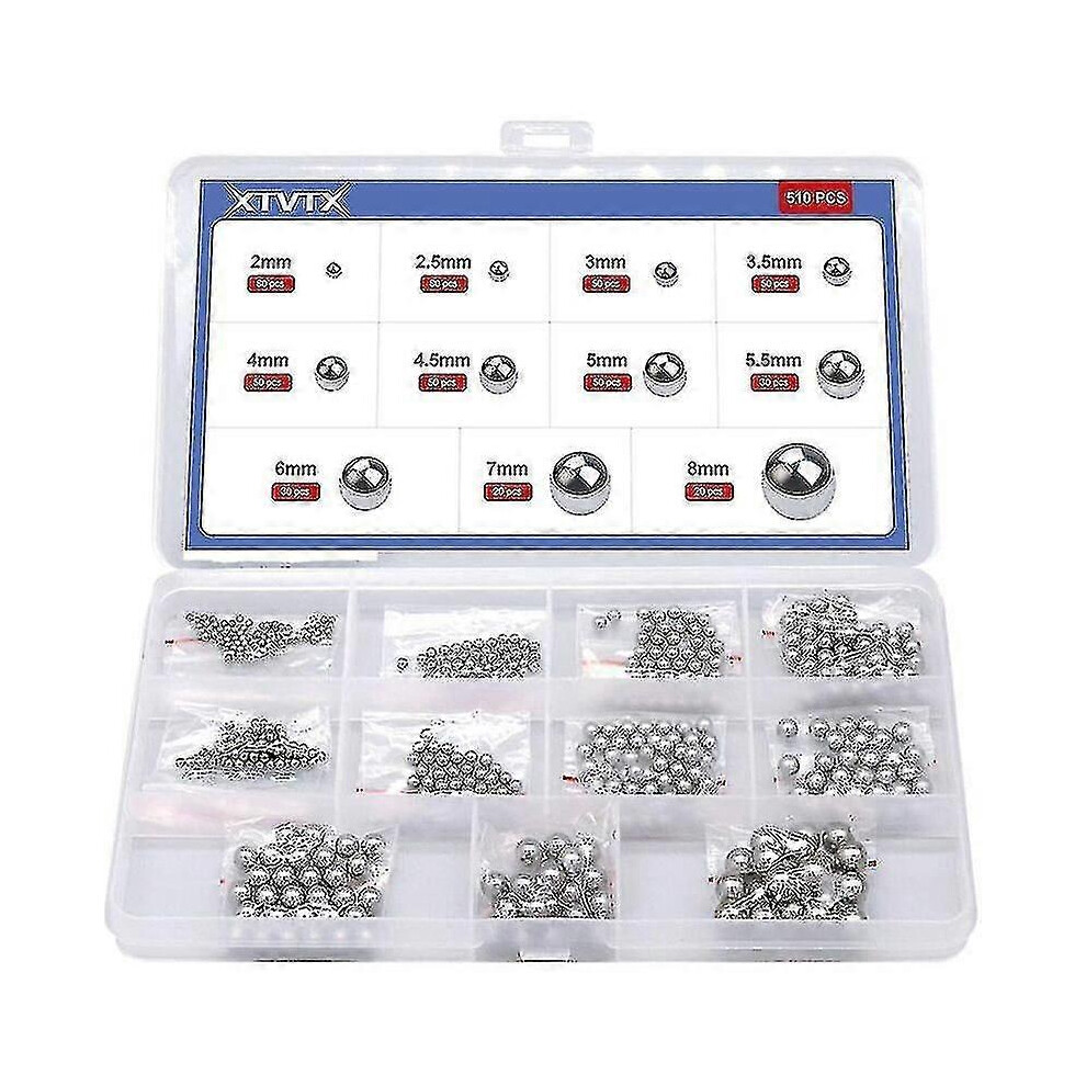 510 Pcs Solid Precision Chrome Steel Bearing Ball Assortment Kit Combination 2Mm-8Mm Used In Bicycle Light 3014950331050