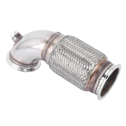 Downpipe de aço de 3 polegadas com flange V-Band, ângulo baixo de 90 graus, fole flexível e plugue para sensor de oxigênio.