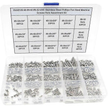 #2-56#4-40#6-32 Unc Roestvrijstalen Phillips-machineschroeven met platte kop en moeren assortimentsset