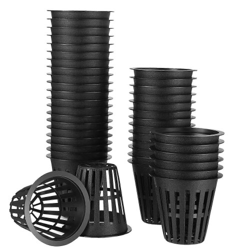 Pacote com 60 cestos de rede para plantas com malha ranhurada de 2 polegadas e borda larga, compatíveis com hidroponia.
