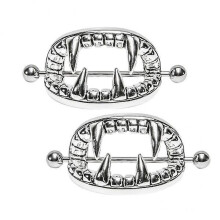 2x1 Par de piercings para ombligo con forma de calavera y dientes estilo punk, calibre 14G