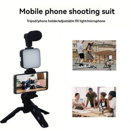 Kit de tripé para celular com microfone e iluminação LED para vlogs e vídeos B 2