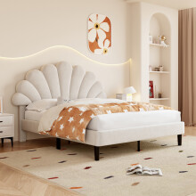 (4ft6, Velvet , Beige) Double Upholstered Bed Frame, with Adjustable Chic Petal Headboard, Velvet Platform Bed Frame
