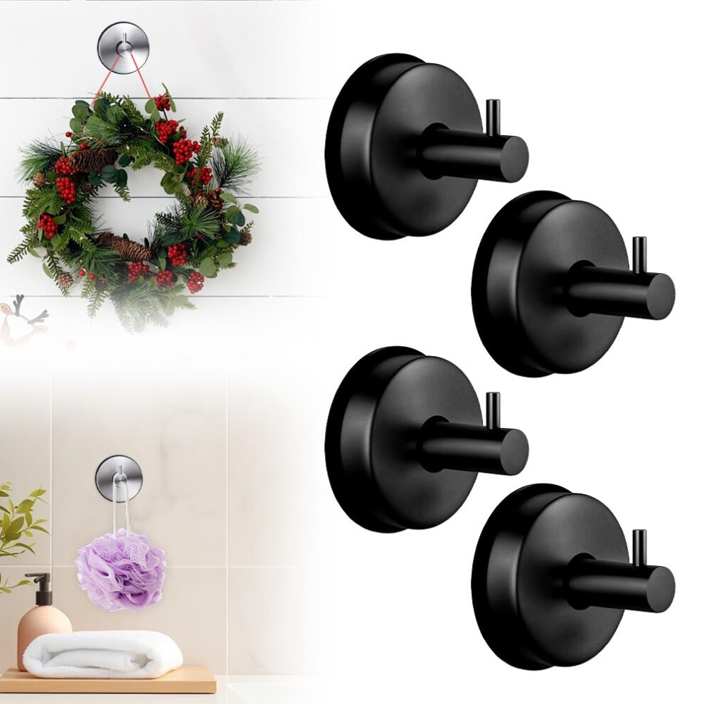 Suction Cup Hooks For Wreaths On Glass, NoâDrill Vacuum Lock Reusable HeavyâDuty Hooks For Front Door And Bathroom (4 Black) 9330225476740