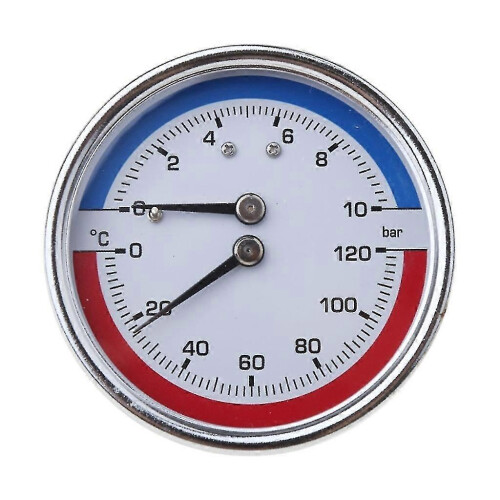 Termomanômetro e medidor de pressão até 120 C e 10 bar, com escalas de 1/8" e 1/4".