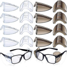 8 pares de óculos de segurança com proteção lateral, transparentes e flexíveis.