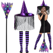Women's Halloween Witch Costume Set with LED Witch Hat and Broom, Purple Black 3‑Piece Outfit