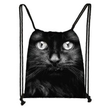 (skdblackcats08) Cute Black Cat Drawstring Bag Women Shopping Bags Canvas Travel Bag Fashion Storage Bags Teenager Girls Backpack