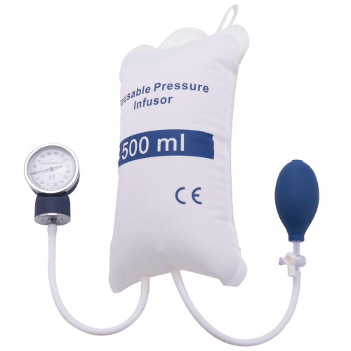 Sacca per infusione a pressione da 500 ml con manometro e pompa manuale a sfera, riutilizzabile.