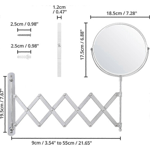 Chrome Wall Mounted Retractable 360 Rotating Mirror - 3x Magnification - 1