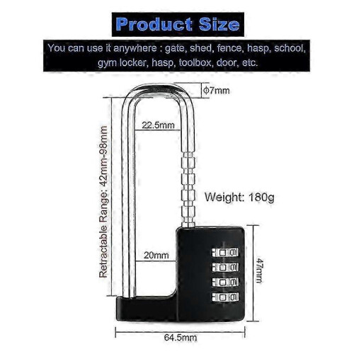 Combination Padlock Outdoor, Waterproof Heavy Duty Padlock with Code, Multifunctional Adjustable Long Padlock- 2