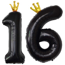 40 Inch Black Foil Number Balloons 16 Crown Design for Birthday Party Wedding Anniversary Celebration