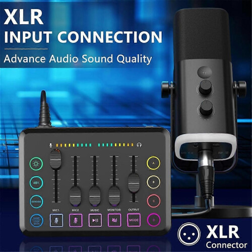 Mixer para jogos e streaming RGB para PC com interface de microfone XLR, controle de volume e alimentação fantasma de 48V. 2