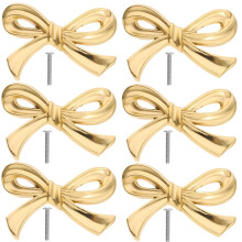 Brass Drawer Pulls Set of 6 Gold Bow Cabinet Knobs, Elegant Solid Brass Handles with Screws