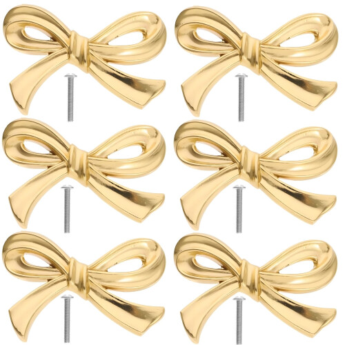 Brass Drawer Pulls Set of 6 Gold Bow Cabinet Knobs, Elegant Solid Brass Handles with Screws