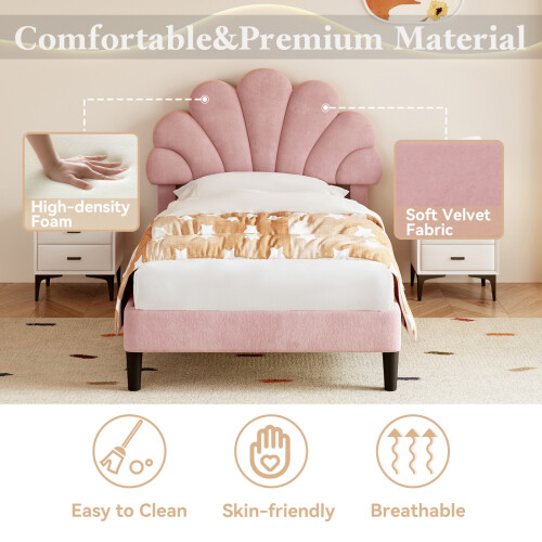(3ft, Velvet, Pink) Single Upholstered, with Adjustable Chic Petal Headboard, Platform Bed Frame with Solid Wood Slat 1