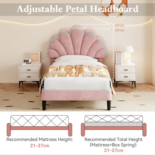 (3ft, Velvet, Pink) Single Upholstered, with Adjustable Chic Petal Headboard, Platform Bed Frame with Solid Wood Slat 2